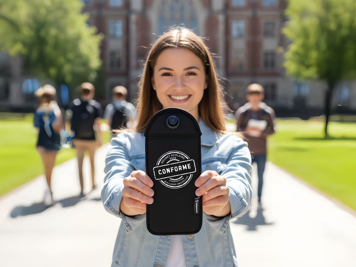 Élève tenant une pochette anti-smartphone BeShield devant son école